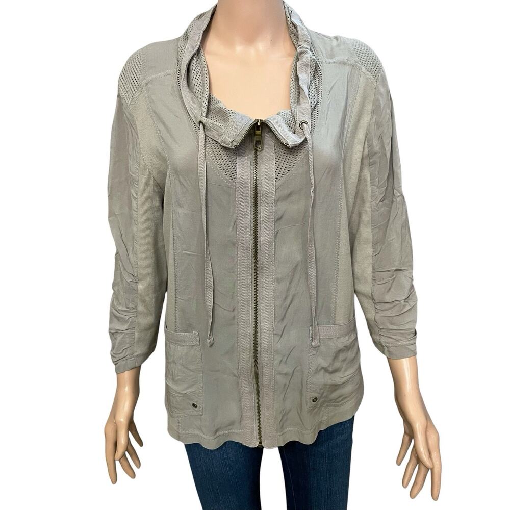 XCVI Fjord Jacket Large Full Zip Mixed Material Boho Lightweight Lagenlook Taupe